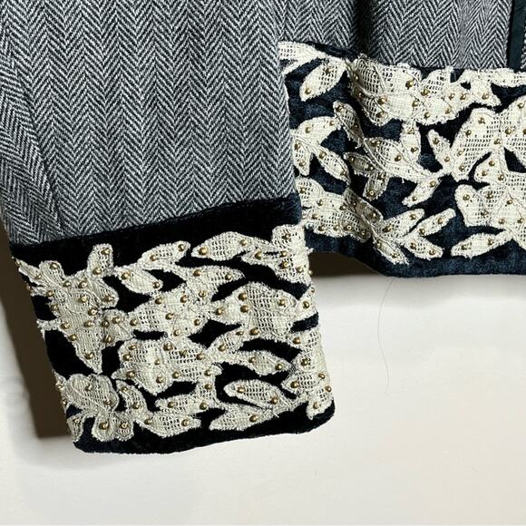 SUNDANCE Herringbone gray/dark teal blazer w/velour, appliqué & beading size 16 - Picture 5 of 6